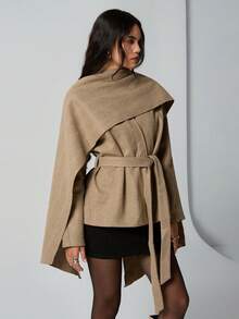 TRNVIE 一件卡其色围巾披肩V领宽松直筒袖外套，休闲、通勤、休闲、时尚女装，冬季 - 卡其色 - 查看 5