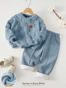 Cozy Pixies Bộ 2 món/Bộ áo nỉ cổ tròn tay dài phong cách cổ điển thường ngày cho bé trai kèm quần cạp chun, trang phục 2 món - Màu xanh lam - Xem 3