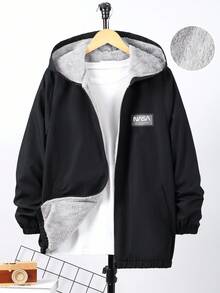 SHEIN 1件休闲百搭舒适纯色保暖印花连帽外套，适合青少年男孩，秋冬季户外穿着 - 灰色 - 查看 7