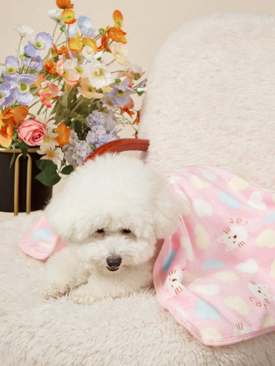 PETSIN 1pc Kitten Love Printed Pet Blanket, Pink Thick Flannel Pet Bath Towel - Pink - View 1