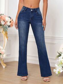 SHEIN Tall Women's Casual Flared Jeans With Pockets - Dark Wash - View 3