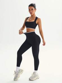 Dewbera 女士简约撞色装饰无钢圈运动文胸和紧身裤套装 - 黑色 - 查看 6