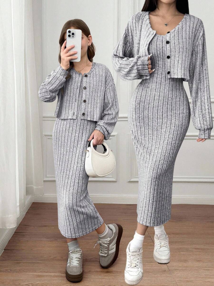 SHEIN Serisse Kids 青少年女孩休闲时尚法式优雅罗纹 V 领长袖修身开衫夹克搭配修身长裙套装，适合周末、休闲外出、返校 - 灰色 - 查看 1