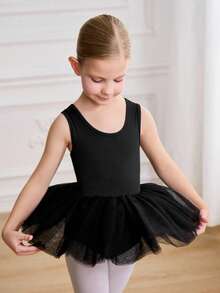 SHEIN Young Girl Solid Color Round Neck Mesh Patchwork Ruffle Hem Jumpsuit