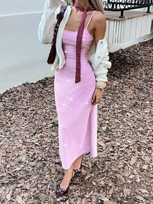 Ritzy Row Pink Women's Halter Draped Collar /Simple Glitter Stretch Base Slim/Women Casual Club Business Casual Concert Outfit Office Outfits/High Elastic Bodycon Slim Fit Casual Daily /Valentine's Day /Birthday Dress /Nightclub Sexy Party/Street /Vacation/Travel /Date/Spring/Summer/Autumn/Winter New Long Dress - Pink - View 7