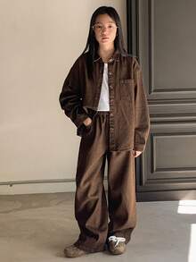 Dazy Kids Girls Denim Jacket + Jeans 2-Piece Outfit - Chocolate Brown - View 6