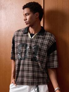 SWAVVY Standard Size Men's Fashion Plaid Patchwork Letter Print Polo Shirt - Brown - View 5