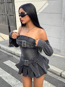 Jeanoix Y2K 女式性感露肩修腰长袖牛仔连衣裙 - 黑色 - 查看 3