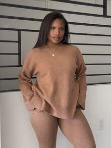 Tyla Gomez Drop Shoulder Sweater & Knit Pants Fall Winter Cloth For Women - Khaki - View 5