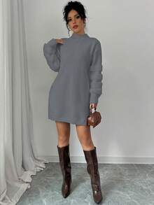 Elenzga Women's Solid Color Stand Collar Drop Shoulder Long Sleeve Loose Knit Sweater Dress - Dark Grey - View 3