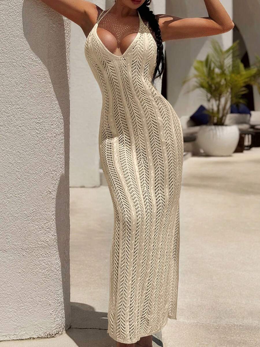 Bonvoyette 女士波西米亞風格露背束頸海灘遮罩連衣裙,適用於夏季、度假、旅遊、節日、游泳池 - 杏色 - 查看 1