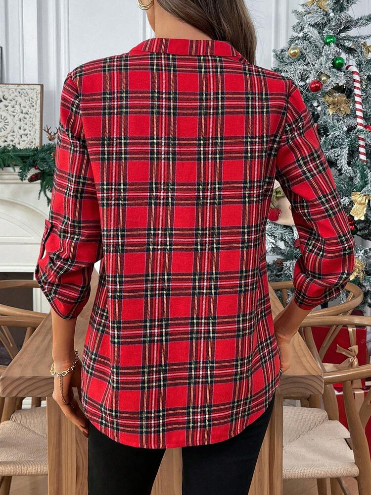 Women's Plaid Notched Neck 3/4 Sleeve Shirt, Autumn Plaid Shirts For Women Plaid Top Christmas Shirt Plaid Button Up Flannel Shirt For Women Christmas Shirts For Women Christmas For Women Red Top,Red Top,Christmas