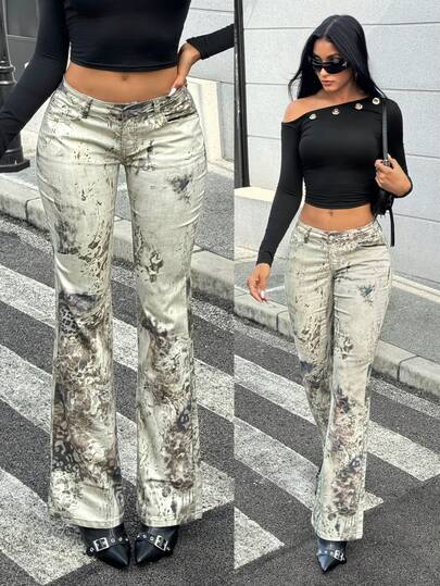 Jeanoix Women's Y2K Fashion Casual Graffiti Leopard Print Low-Waist Flare Jeans