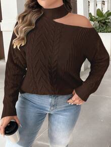 SHEIN Clasi Plus Size Women Casual Asymmetrical Shoulder Loose Cable Knit Pullover Sweater, Autumn/Winter - Brown - View 6