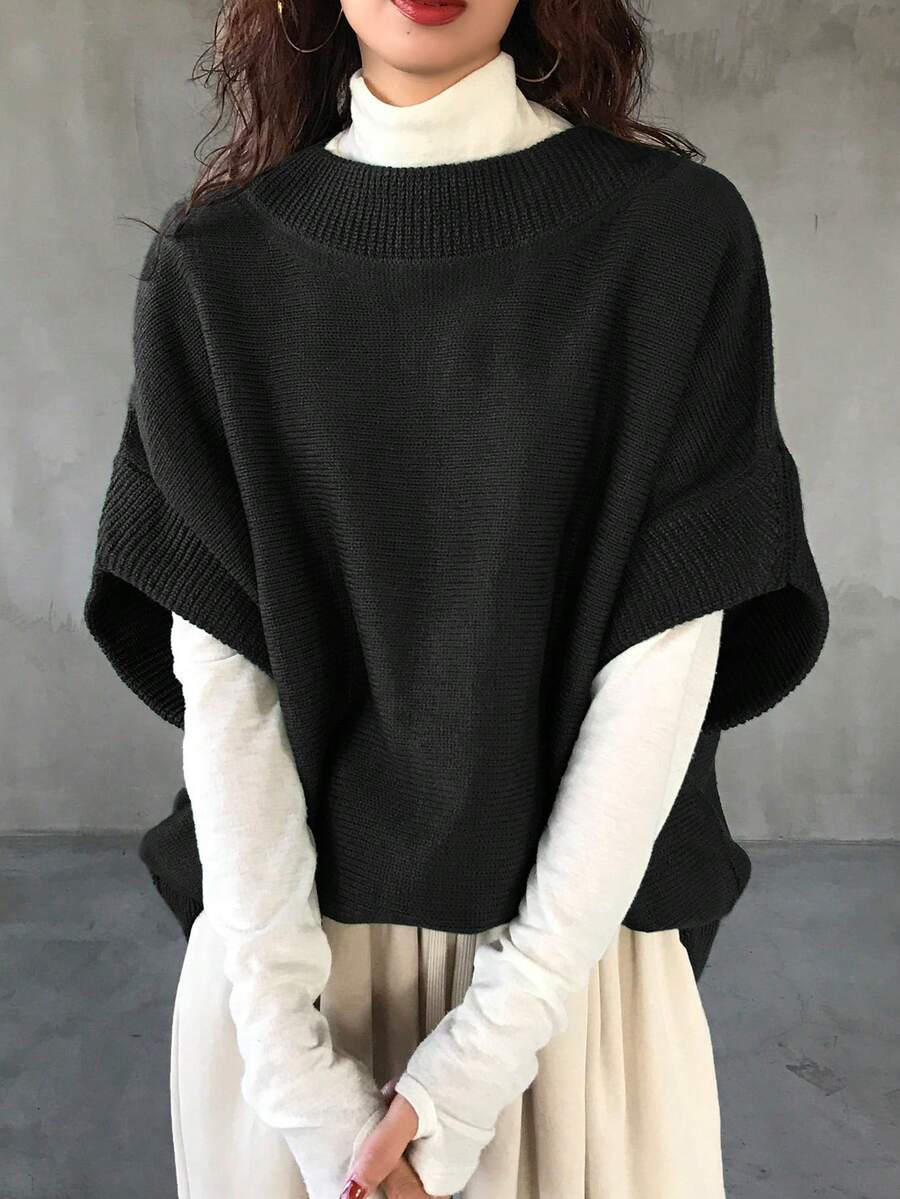 FRIFUL Women's Casual Solid Color Loose Knit Vest, Autumn/Winter - Black - View 1