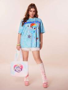 My Little Pony X SHEIN 大码可爱小马印花圆领短袖T恤，夏季 - 藍色 - 查看 5