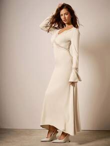 COSMINA 女士优雅通勤纯色蕾丝喇叭袖美人鱼连衣裙 - 杏色 - 查看 6