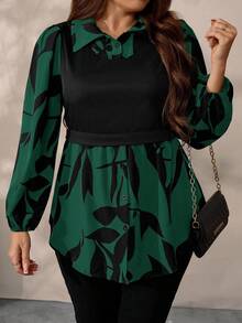 EMERY ROSE Blusa casual de punto con estampado floral y patchwork para mujer talla grande, otoño/invierno - Verde Oscuro - Ver 4