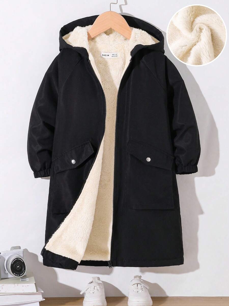 SHEIN 青少年女孩寬鬆休閒極簡舒適連帽毛絨內裡中長版外套,大口袋設計,青少年女孩大衣,風衣 - 米色 - 查看 1