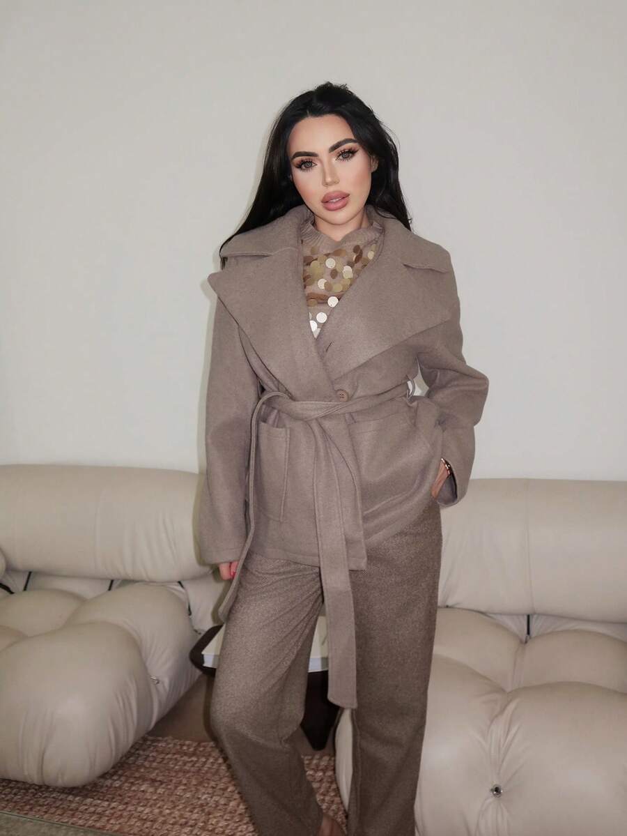 Durrani Popal Damen Dicke Khaki Mantel mit Umlegekragen und Taschen, lose geschnitten aus Wollmischung, geeignet für Herbst/Winter