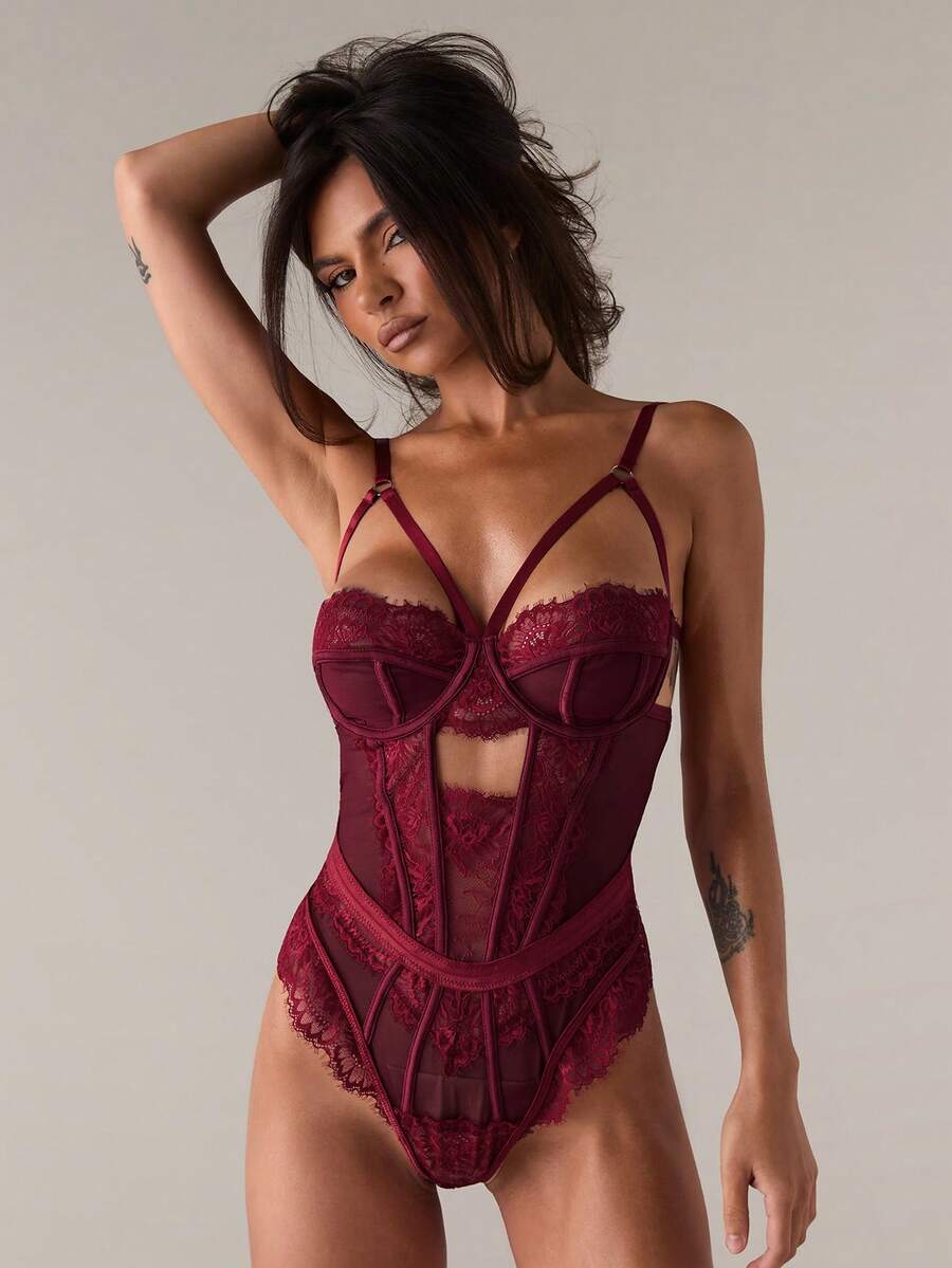 SHEIN BAE Hollow Out Lace Detail Sexy Bodysuit Lingerie, Going Out - Burgundy - View 1