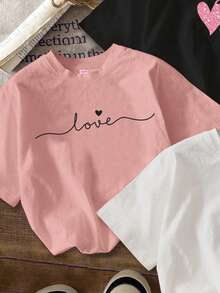 Set de 3 camisetas de mujer de ajuste ceñido, de cuello redondo, de manga corta y con estampado de corazón minimalista y casual - Multicolor - Ver 3