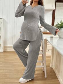 SHEIN 2pcs Maternity Set: Round Neck Flare Sleeve Casual Top & Ribbed Pants Two Piece Set Women Comfy 2 Piece Lounge Sets Woman Maternity 2 Piece Set Maternity Clothes Two Piece Suits Comfortable Two Piece Set - Light Grey - View 4