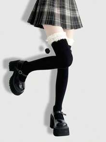 ROMWE Goth 1 Pair High Elasticity Black Thigh High Socks For Women - Hairball black - View 3
