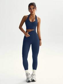 Dewbera Women's Solid Color Halter Sleeveless Cropped Fitted Casual Fitness Sportswear Set Ribbed Workout Set Navy Workout Set 2 Piece Sets Woman Active - Dusty Blue - View 5