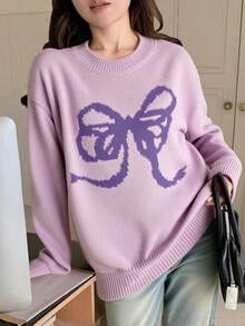 DAZY 女式宽松圆领蝴蝶结图案毛衣 - 淡紫色 - 查看 6