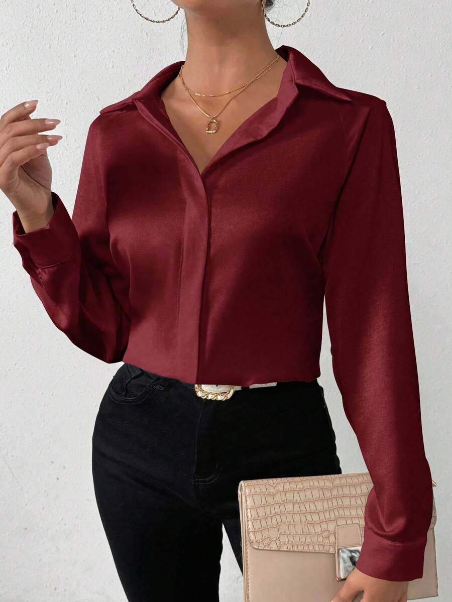 SHEIN PETITE Women's Solid Color Front Button Long Sleeve Shirt, Minimalist Style For Commuting, Autumn - Burgundy - View 1