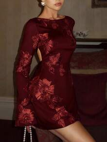 Glamine Charm Solid Color Mesh Embroidered Tie-Up Backless Sexy Charm Dress, Romantic Date & Everyday Wear, Elegant Trumpet Sleeve Waist Cinched Floral Print Dress For Ladies - Burgundy - View 3