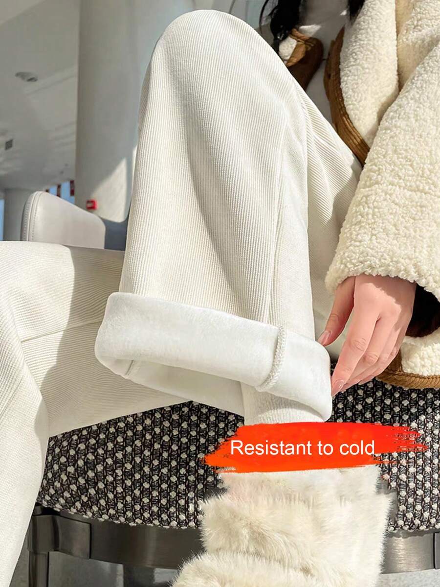 Franclia Quần ống đứng cạp chun rút màu trơn dành cho nữ, lót giữ nhiệt cho mùa thu/đông - Màu be - Xem 1