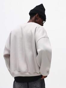 SUMWON 圆领长袖卫衣，饰有贴花设计，秋冬休闲套头衫，纯色 - 灰色 - 查看 2