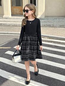 SHEIN Tween Girls Black Elegant Dress With Plaid Skirt For Winter Tween Girl Corduroy Puff Sleeve Button Ruffle Hem Dress & Retro Beret Set, Casual Outfit For Home, Outdoor, School Wear, Autumn/Winter - Brown - View 3