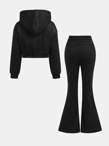 Girlism Tween Girls Knit Hooded Zip-Up Sweatshirt And Sweatpants Set, Casual Loungewear, Autumn/Winter - Black - View 2