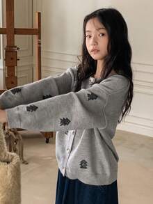 DAZY Tween Girls' Round Neck Long Sleeve Drop Shoulder Front Button Knit Casual Cardigan, Versatile For Christmas,New Year - Grey - View 5