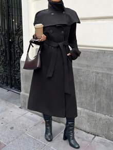 SHEIN EZwear 女士二合一可拆卸披肩斗篷外套，秋冬季 - 黑色 - 查看 3