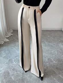 SHEIN Tall 女款黑白條紋直筒長褲，優雅夏季商務休閒通勤辦公褲，口袋拉鍊設計，卡其撞色黑，適合工作約會，高個女性 - 卡其色 - 查看 7