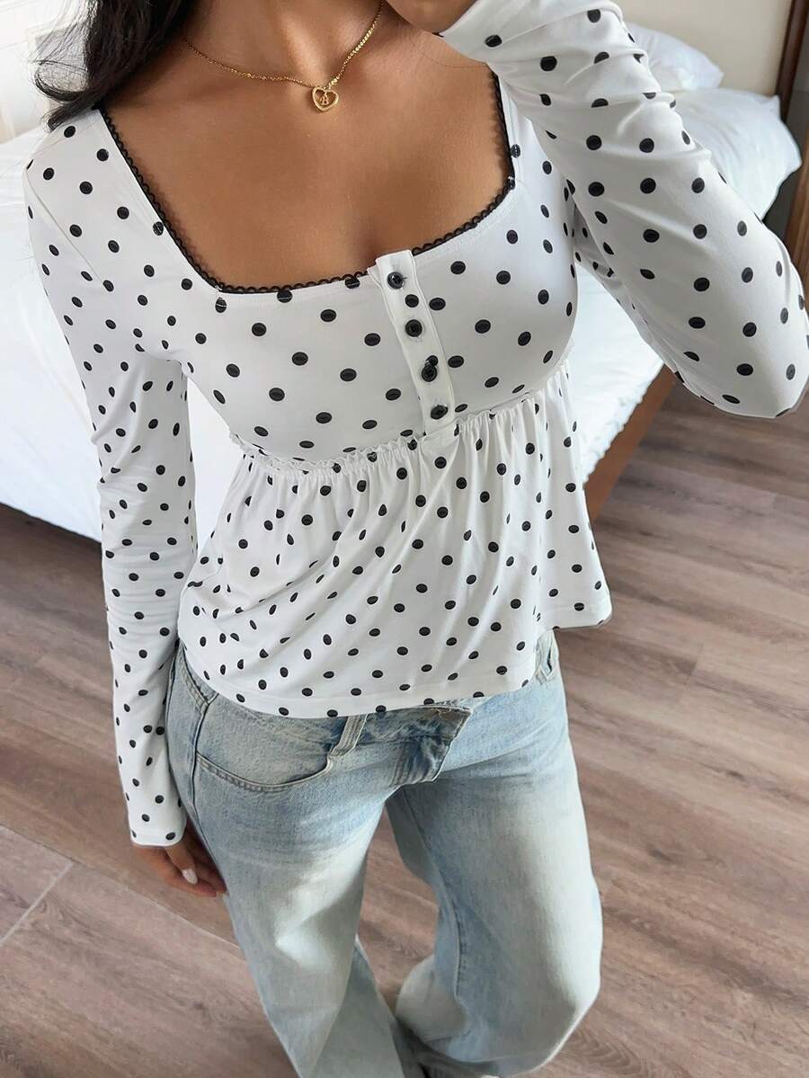 SHEIN EZwear 大码女式波点印花纽扣半开襟方领长袖休闲衬衫 - 白色 - 查看 1