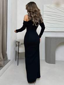 Jemour 女士简约日常约会优雅派对长袖紧身性感纯色弹力针织一字领斜肩领浪漫约会秋冬打底针织连衣裙夜间外出连衣裙万圣节圣诞节长裙 - 黑色 - 查看 2