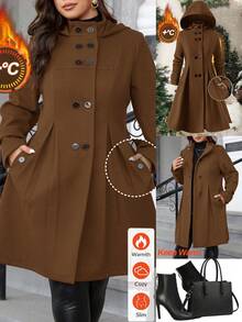 Ellevyn 大码纯色双排扣连帽长袖束腰大衣 - 咖啡棕 - 查看 12