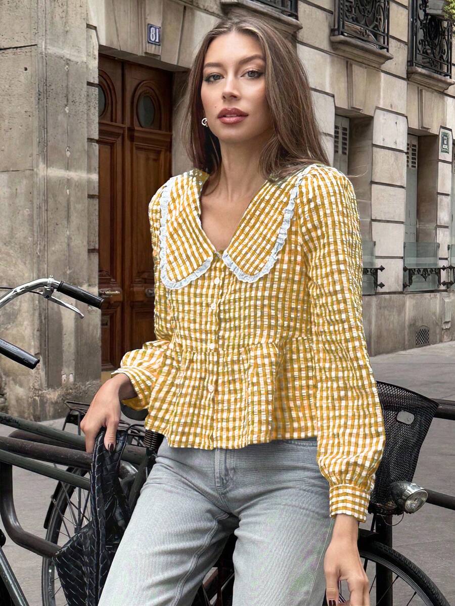Pariaura French Style Plaid Peter Pan Collar Patchwork Ruffle Women Shirt - Mustard Yellow - View 1
