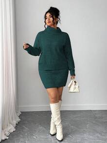 Elenzga Plus Size Women 2-Piece Set, Loose Long Sleeve Solid Color Turtleneck Sweater Top & Super Short Sexy Sweater Dress, Casual & Sweet Korean Style - Dark Green - View 6