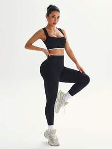 Dewbera 女士简约撞色装饰无钢圈运动文胸和紧身裤套装 - 黑色 - 查看 7