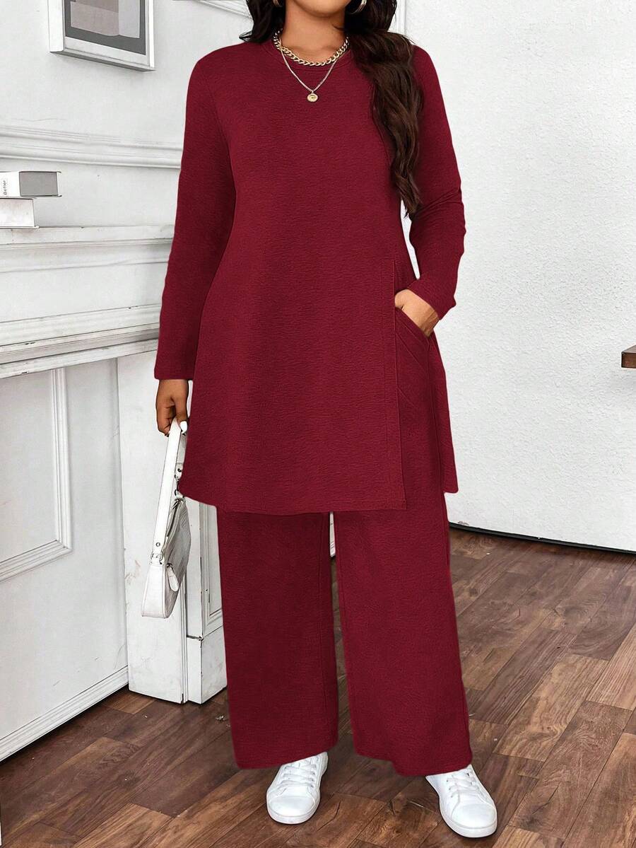 Calvaya Plus Size Women Casual Solid Color Long Top & Pant2 Piecesce Set - Burgundy - View 1