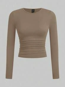 SHEIN EZwear 多色针织女式休闲长袖修身T恤中性色上衣多件装长袖上衣紧身衣女式长袖上衣女式长袖上衣，秋季女装长袖上衣 - 彩色 - 查看 3