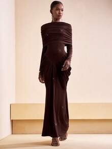 Zivah Elegant Dark Brown Autumn Long Sleeve Dress,Shiny Fabric Versatile Versatile For Dining,Wedding Guest,Music Festival,Birthday Party,Vintage Y2K Style - Brown - View 6