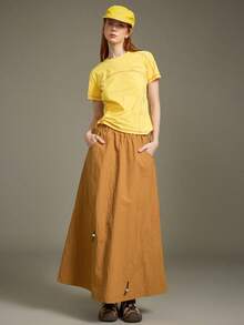 Elnivra Y2K 时尚焦糖棕卡其色女式秋冬不对称抽绳A字裙，复古美式休闲简约工装风返校季街头时尚