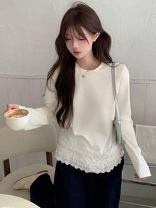 DAZY Women's Casual Versatile Lace Trim Long Sleeve T-Shirt